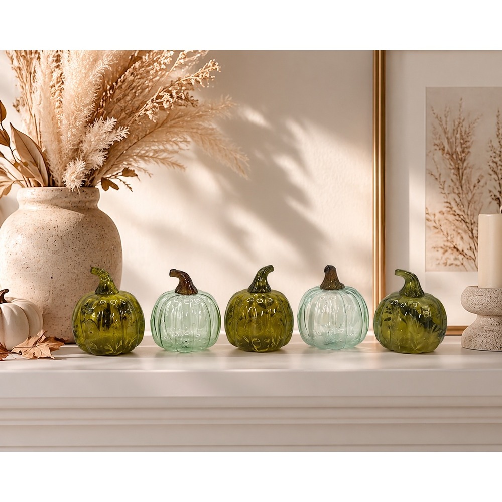 Papyrus Glass Pumpkin Set Hand Blown Green Blue Fall Decor Thanksgiving